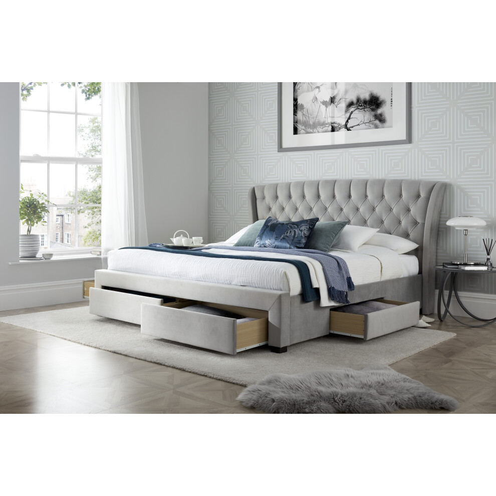 (Grey, Double) Newton Velvet Fabric 4 Drawer Storage Bed