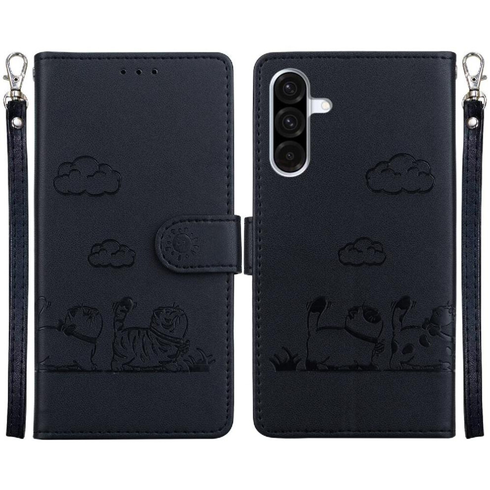 (Black) Flip Case For Samsung Galaxy A56 5G Cat Rfid Card Slot Holder Kickstand Leather Wallet Black 764549290383