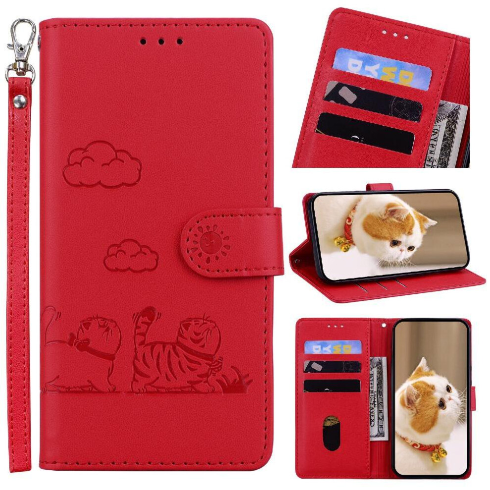(Red) Flip Case For Samsung Galaxy A56 5G Cat Rfid Card Slot Holder Kickstand Leather Wallet Red 764549290369