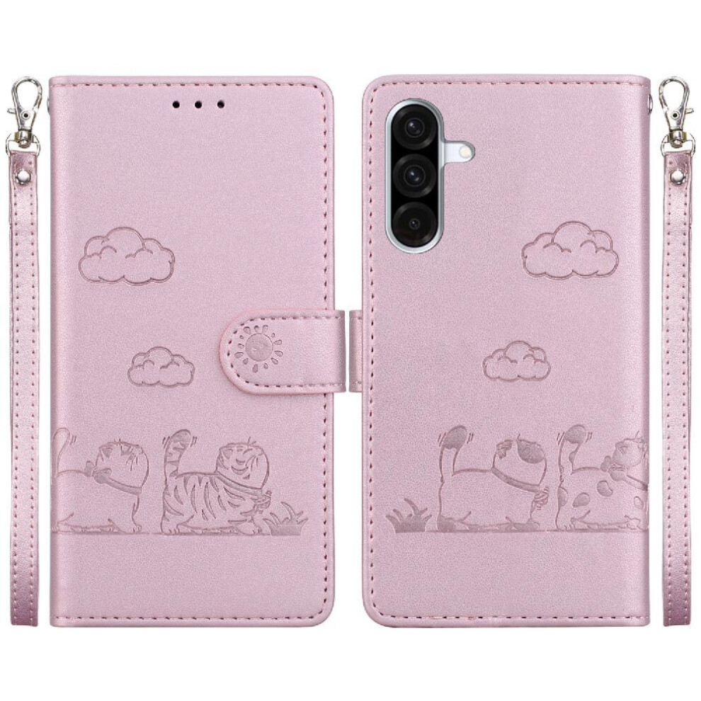(Pink) Flip Case For Samsung Galaxy A56 5G Cat Rfid Card Slot Holder Kickstand Leather Wallet Pink 764549290338