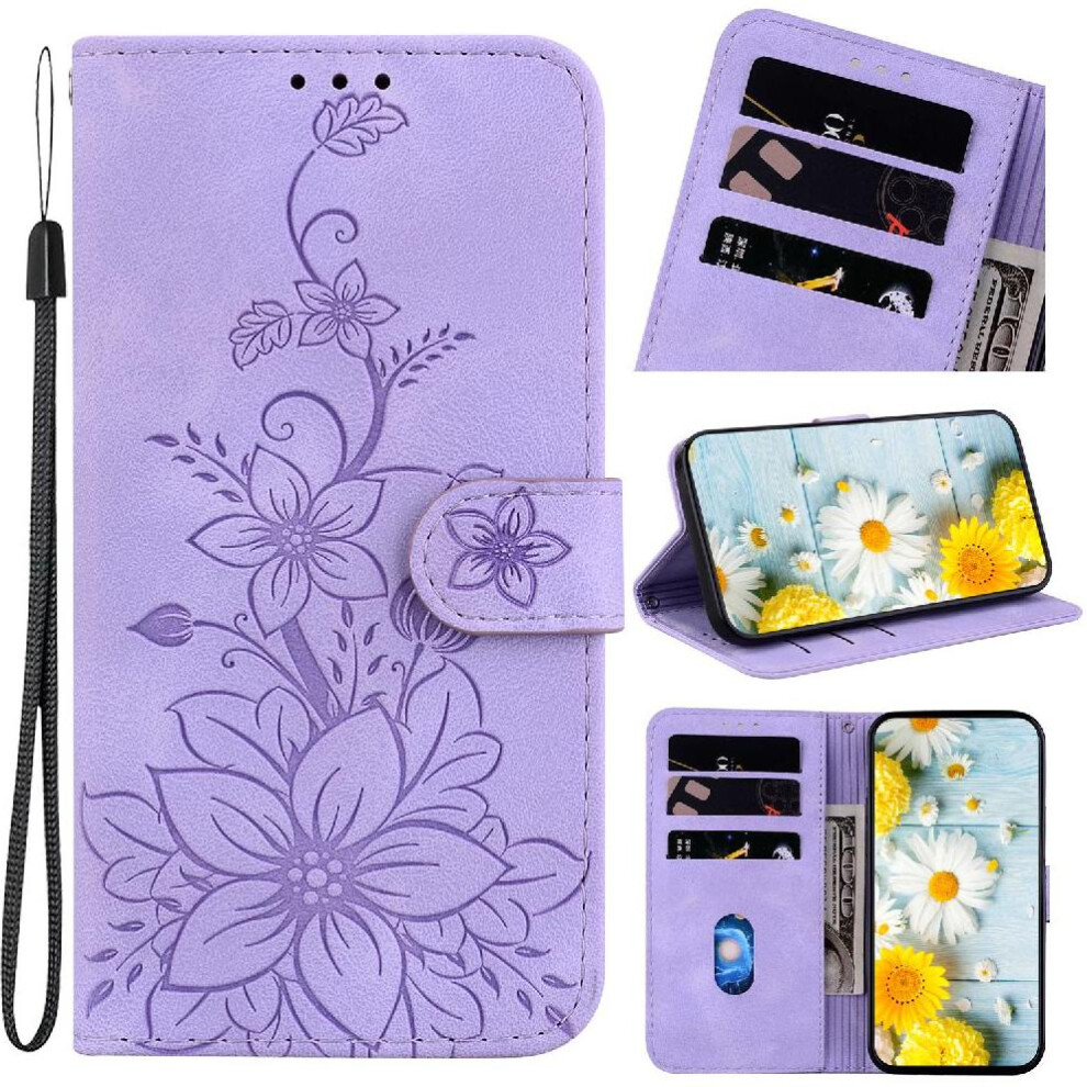 (Purple) Flip Case For Samsung Galaxy A36 Embossed Lily Magnetic Kickstand Card Holder Wallet Purple 764549294374