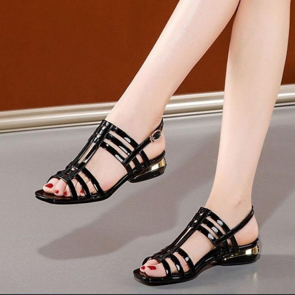 (black, 40) Summer New Flat Heel Soft Sole Fashion Large Heel Sandals Women&apos;s Lacquer Leather Hollow Summer Women&apos;s Shoes