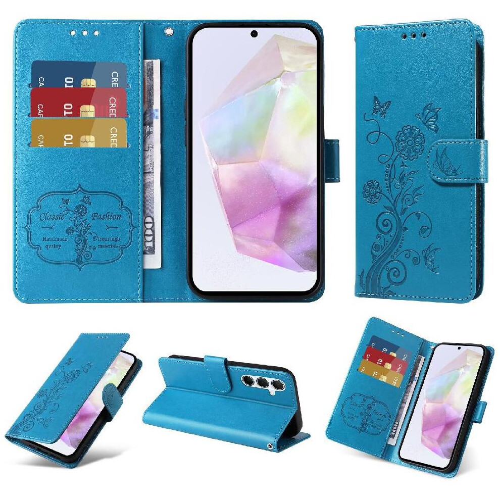 (Blue) Flip Case For Samsung Galaxy A36 5G Cardslots Flip Flower Leather Blue 764549297375