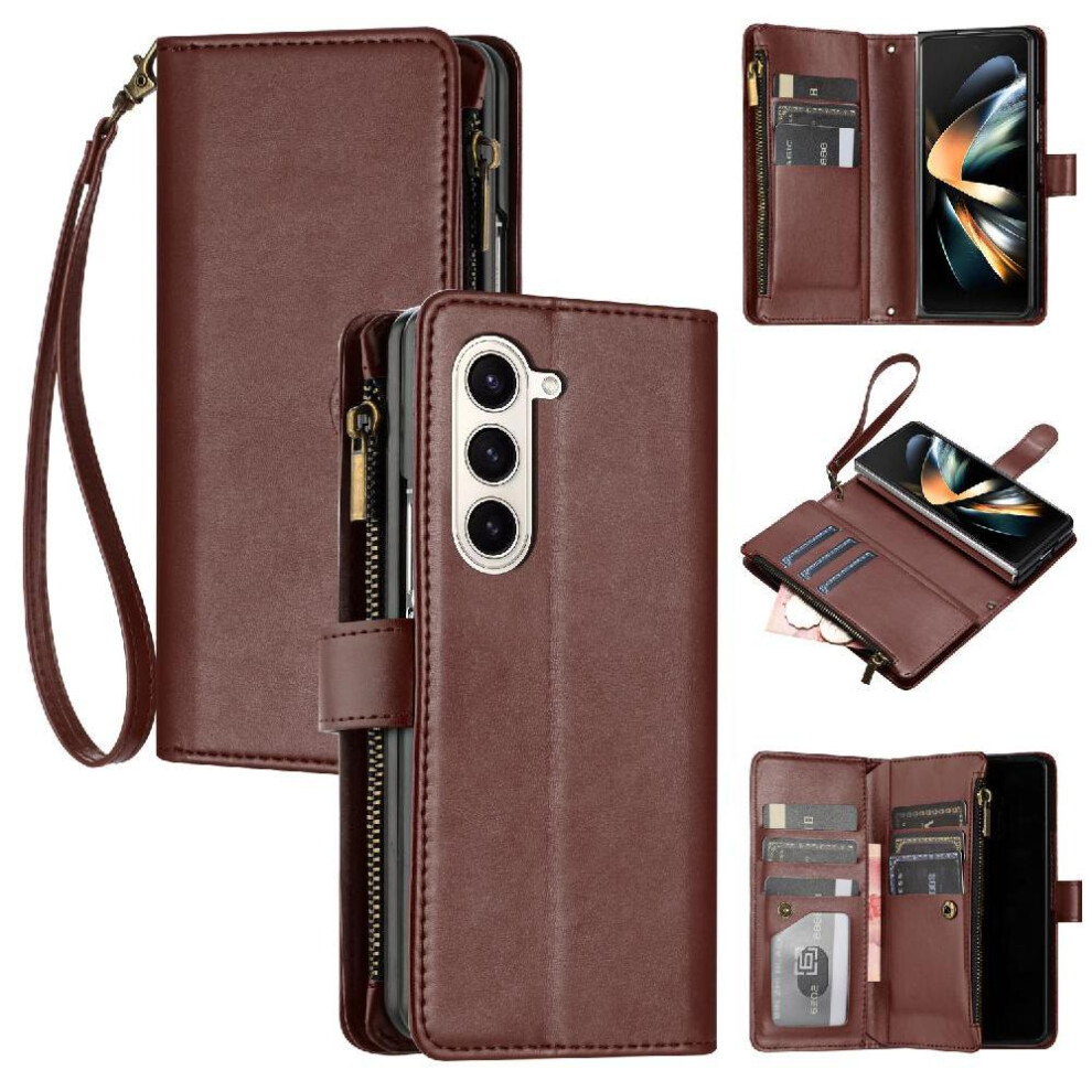 (Brown) Long Strap Case For Samsung Galaxy Z Fold 6 Protecive Flip Folio Shockproof Wallet Kickstand Zipper 8 Card Slots Holder Brown 764549298556