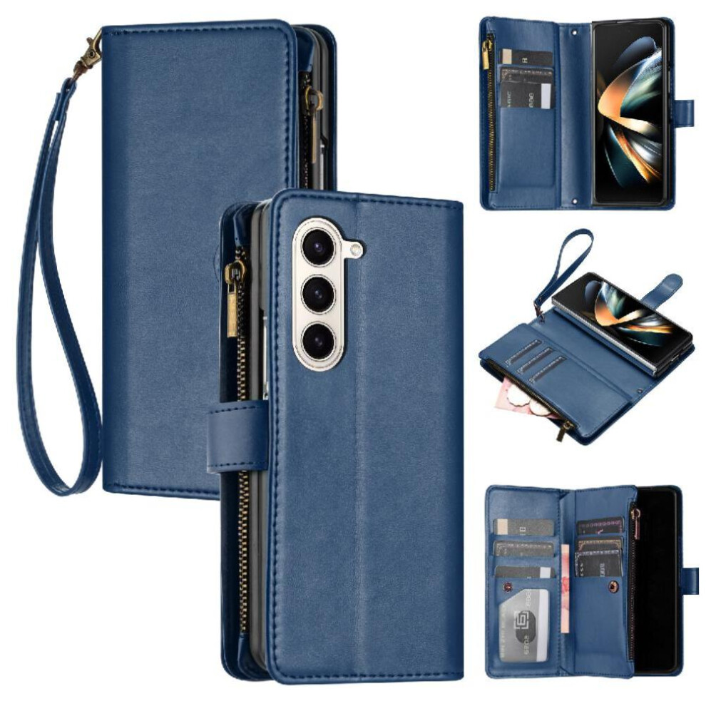 (Blue) Long Strap Case For Samsung Galaxy Z Fold 6 Protecive Flip Folio Shockproof Wallet Kickstand Zipper 8 Card Slots Holder Blue 764549298570