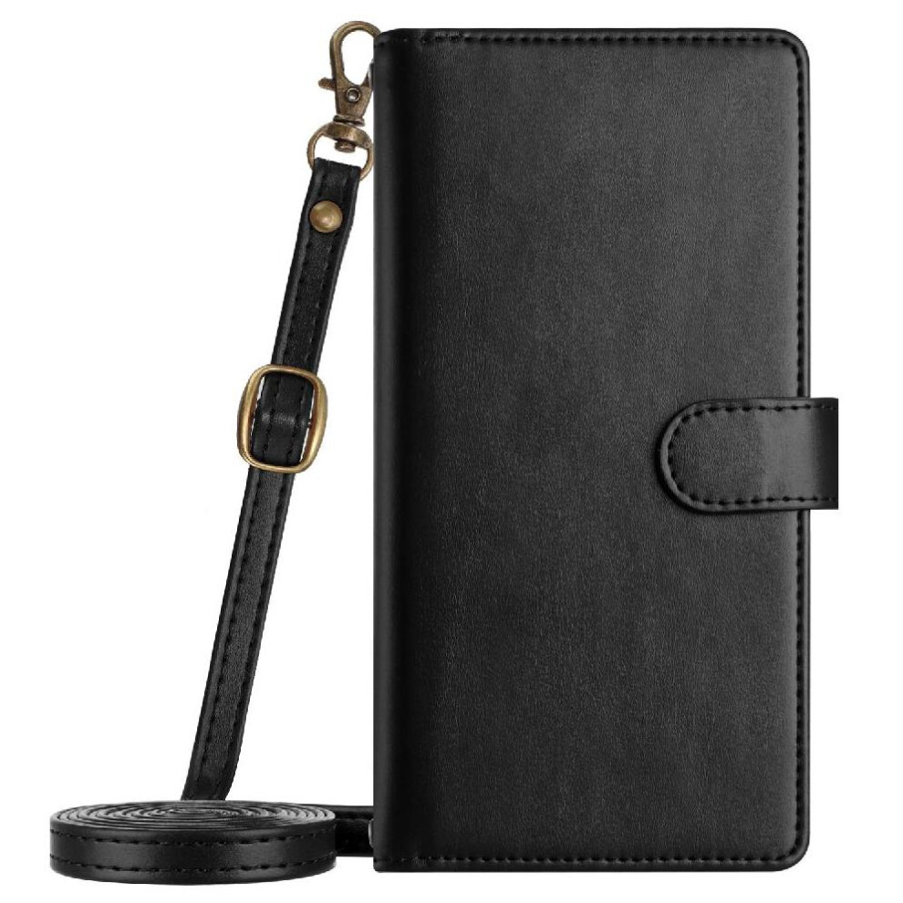 (Black) Long Strap Case For Samsung Galaxy Z Fold 6 Protecive Flip Folio Shockproof Wallet Kickstand Zipper 8 Card Slots Holder Black 764549298587
