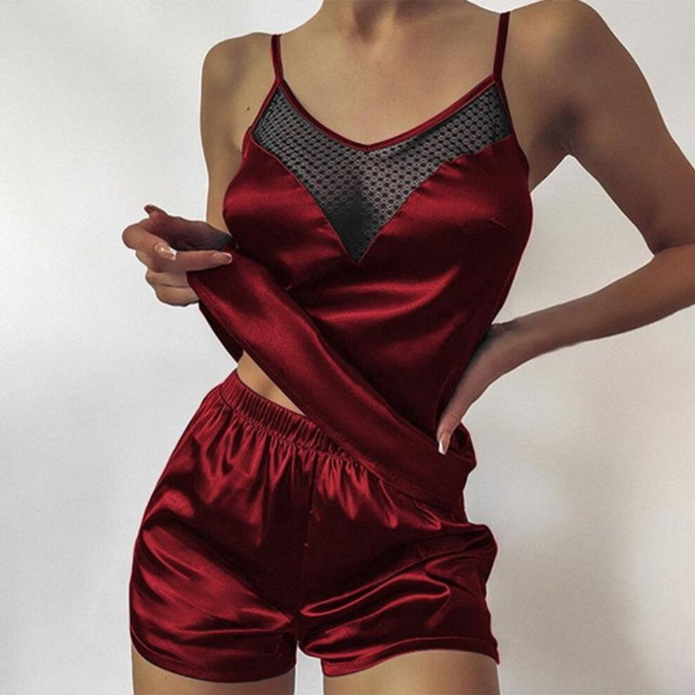 (XXL, wine red) Summer Women Sexy Lace Hollow Pajama Set Satin Elegant Sleeveless Shorts Sleepwear