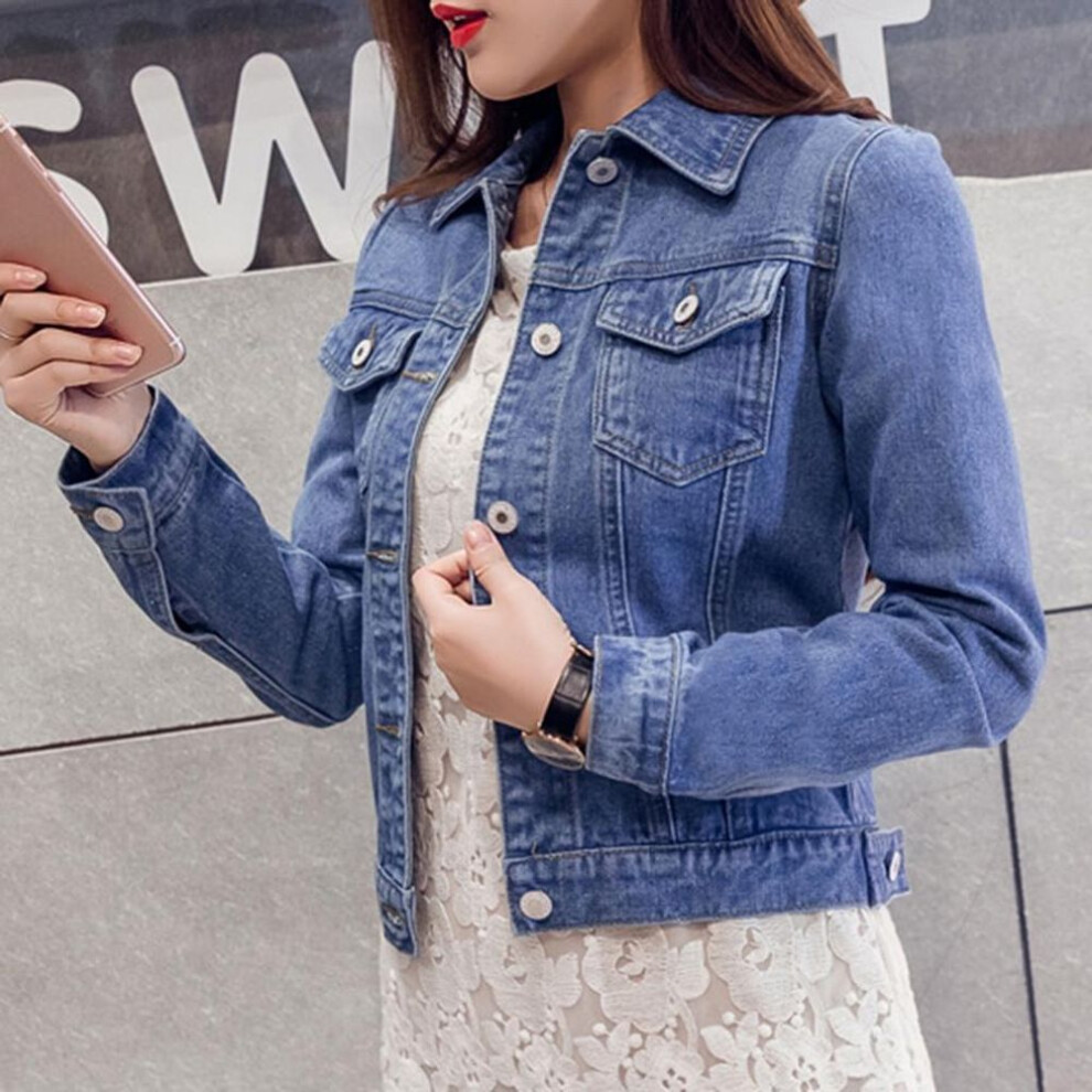 (blue, XXL) Fashion Women Lapel Solid Casual Denim Buttons Blazer Jeans Jacket Cardigan