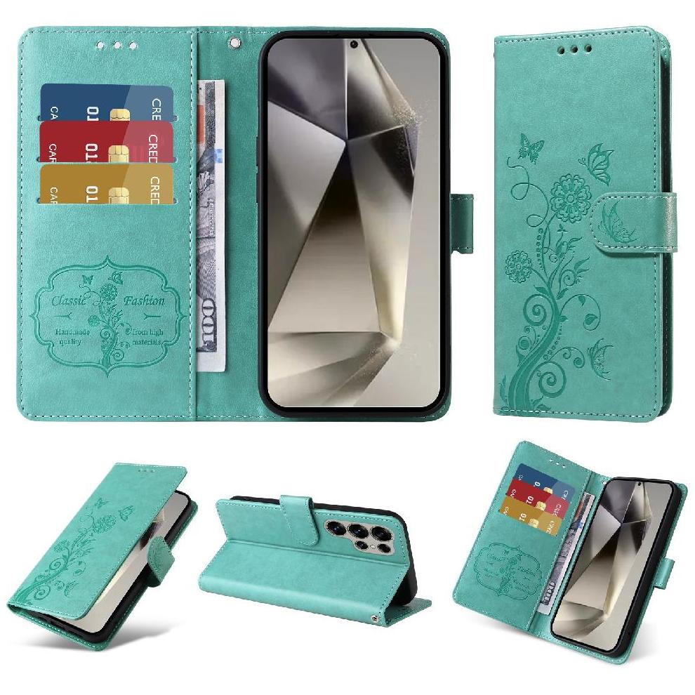 (Green) Flip Case For Samsung Galaxy S25 Ultra Flip Cardslots Leather Flower Green 764549300006