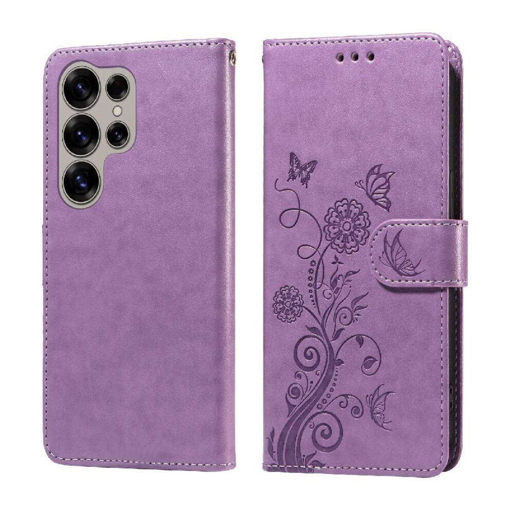 (Purple) Flip Case For Samsung Galaxy S25 Ultra Flip Cardslots Leather Flower Purple 764549299997
