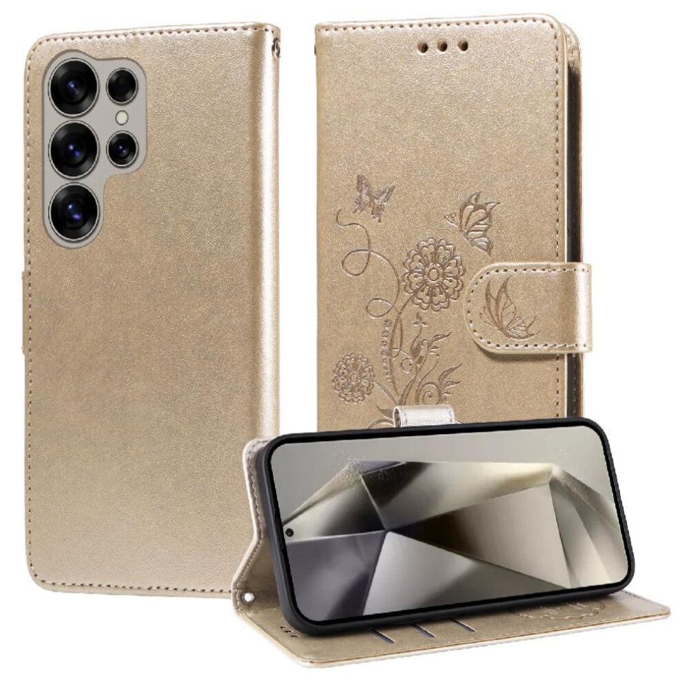 (Gold) Flip Case For Samsung Galaxy S25 Ultra Flip Cardslots Leather Flower Gold 764549300020