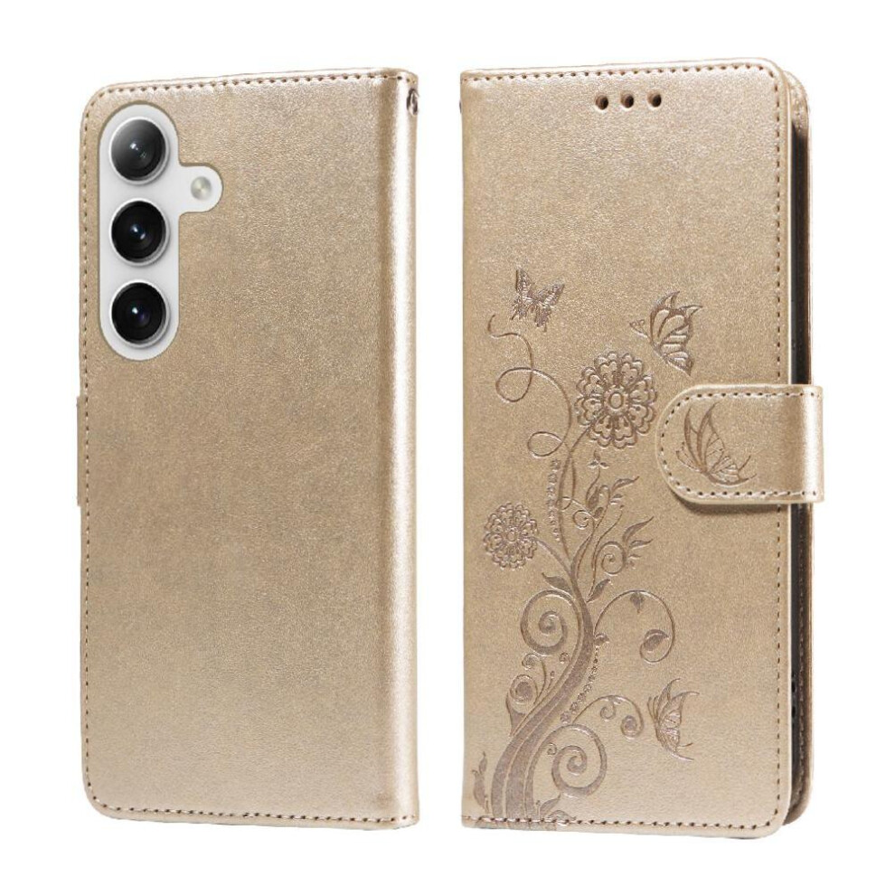 (Gold) Flip Case For Samsung Galaxy S25 Plus Flower Leather Cardslots Flip Gold 764549300075