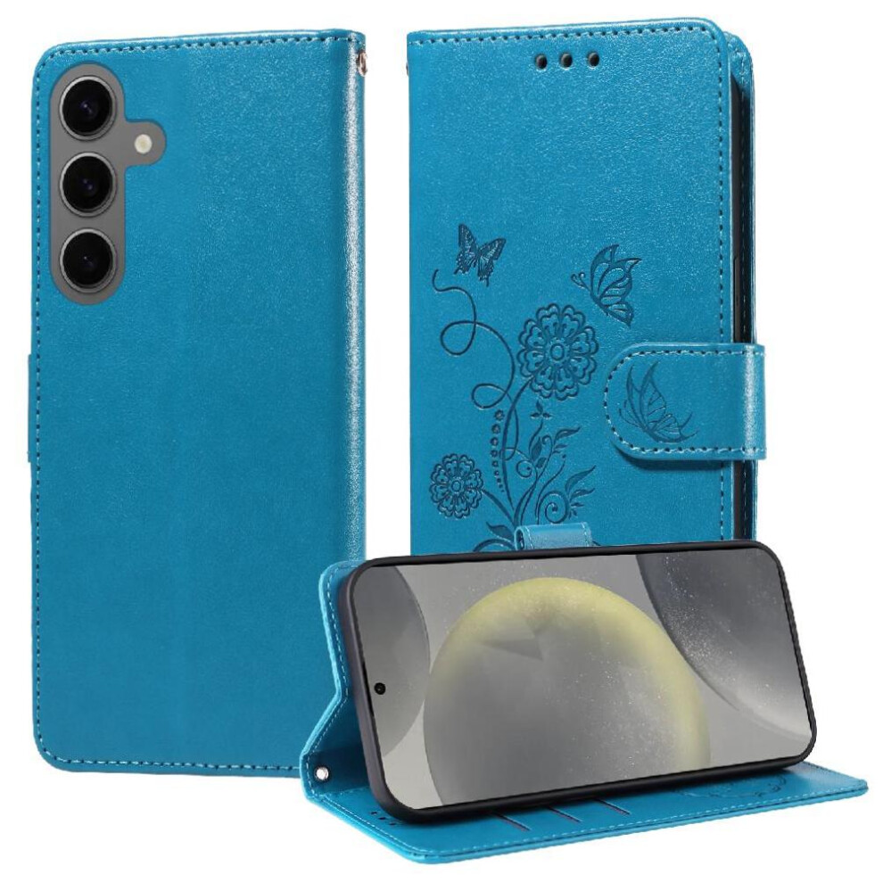 (Blue) Flip Case For Samsung Galaxy S25 Cardslots Leather Flip Flower Blue 764549300112
