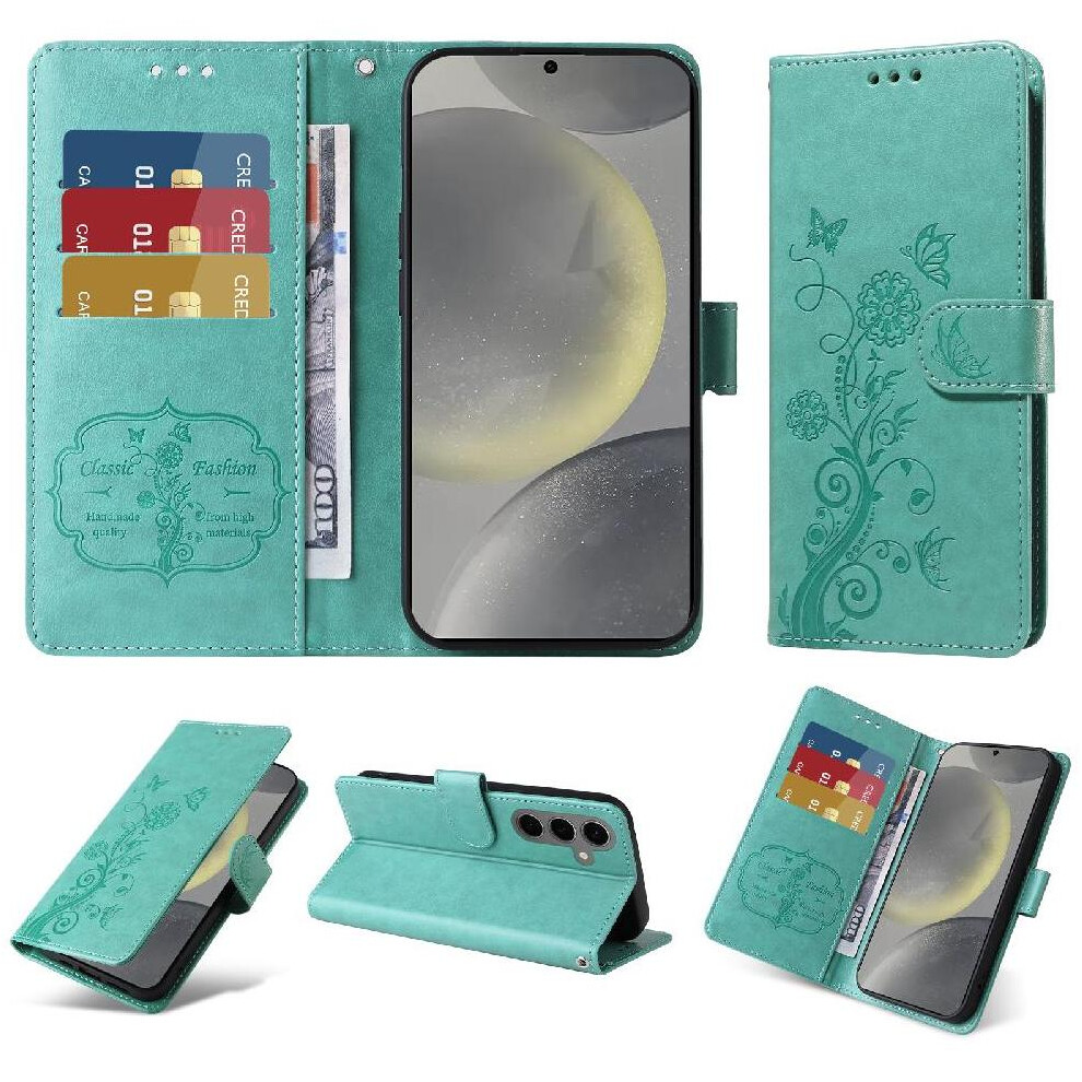 (Green) Flip Case For Samsung Galaxy S25 Cardslots Leather Flip Flower Green 764549300105