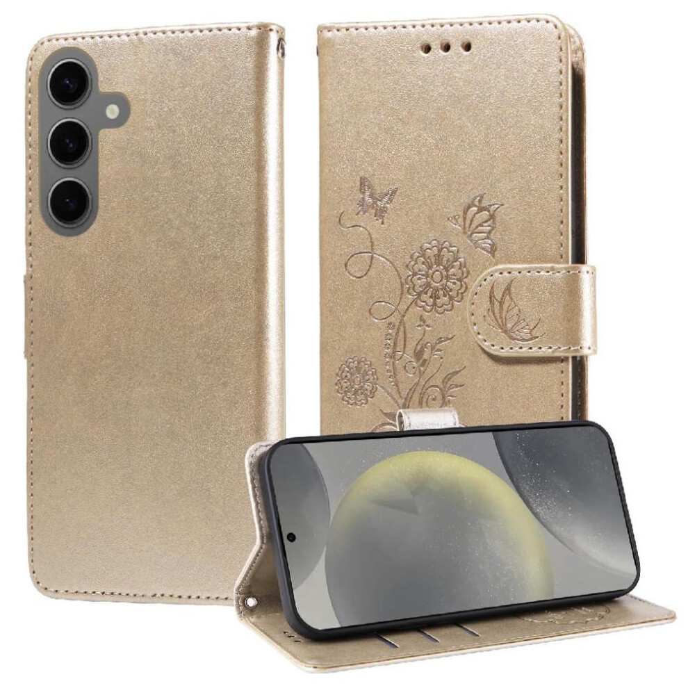(Gold) Flip Case For Samsung Galaxy S25 Cardslots Leather Flip Flower Gold 764549300129