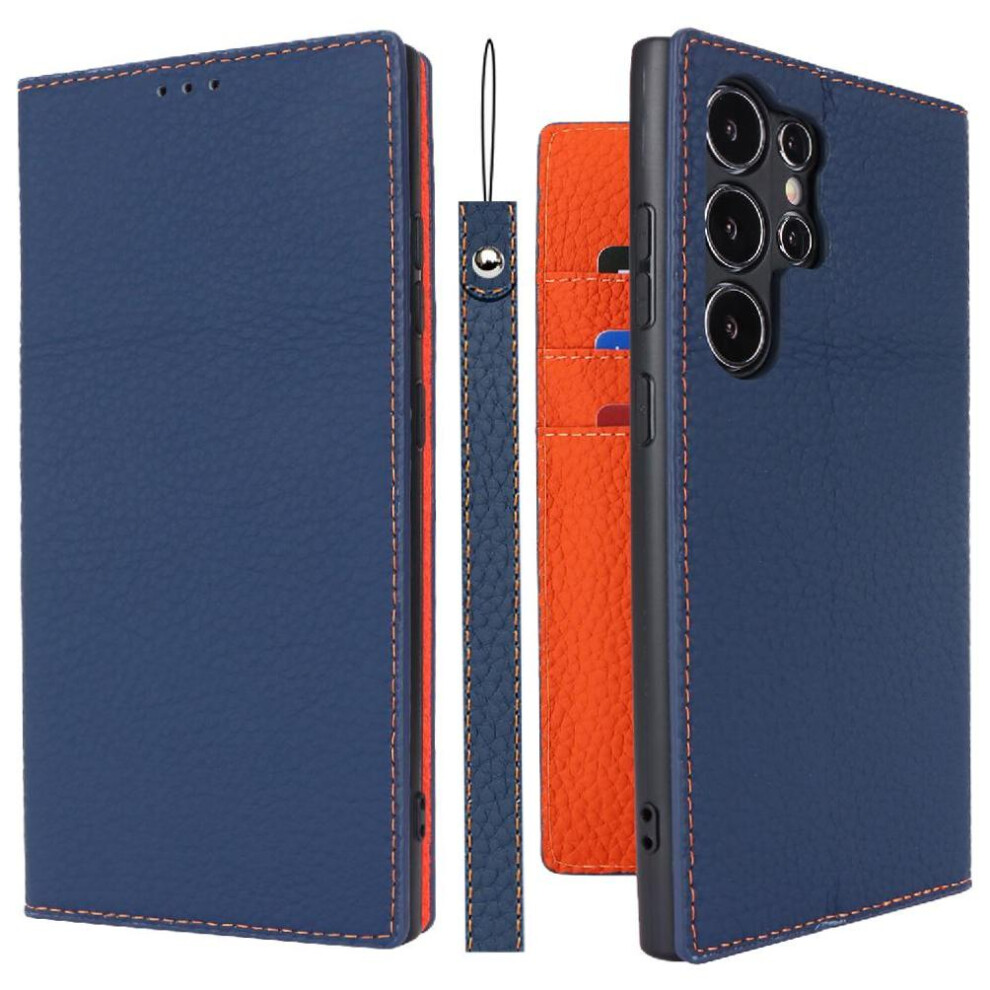 (Dark ) Flip Case For Samsung Galaxy S24 Ultra Lychee Pattern High Quality Portable Wrist Strap Blue 764549300945