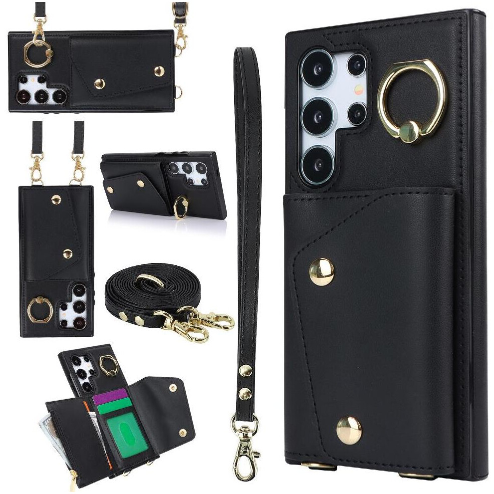 (Black) Case For Samsung Galaxy S24 Ultra Long Strap Wristband Shockproof Card Slot Wallet Black 764549302079