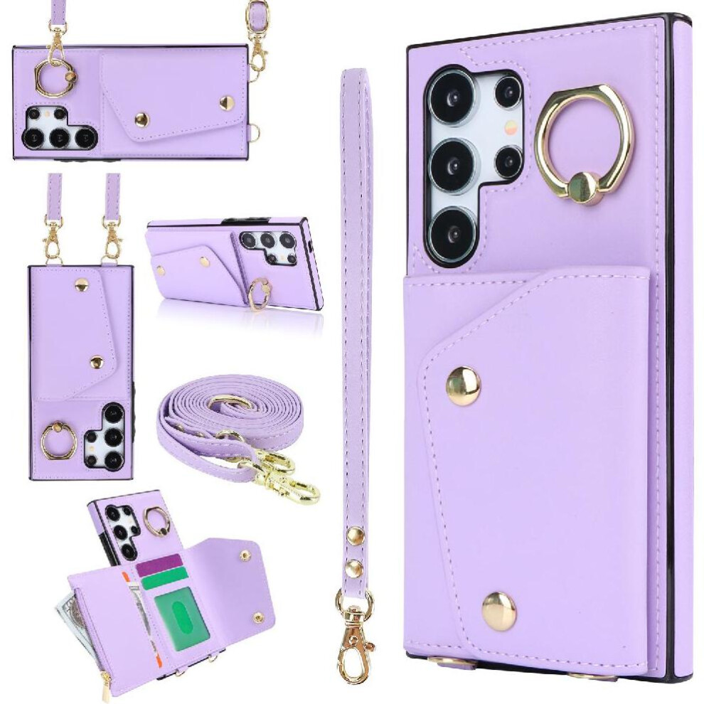 (Purple) Case For Samsung Galaxy S24 Ultra Long Strap Wristband Shockproof Card Slot Wallet Purple 764549302116