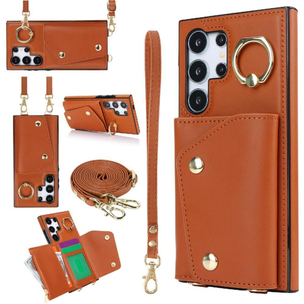 (Brown) Case For Samsung Galaxy S24 Ultra Long Strap Wristband Shockproof Card Slot Wallet Brown 764549302086