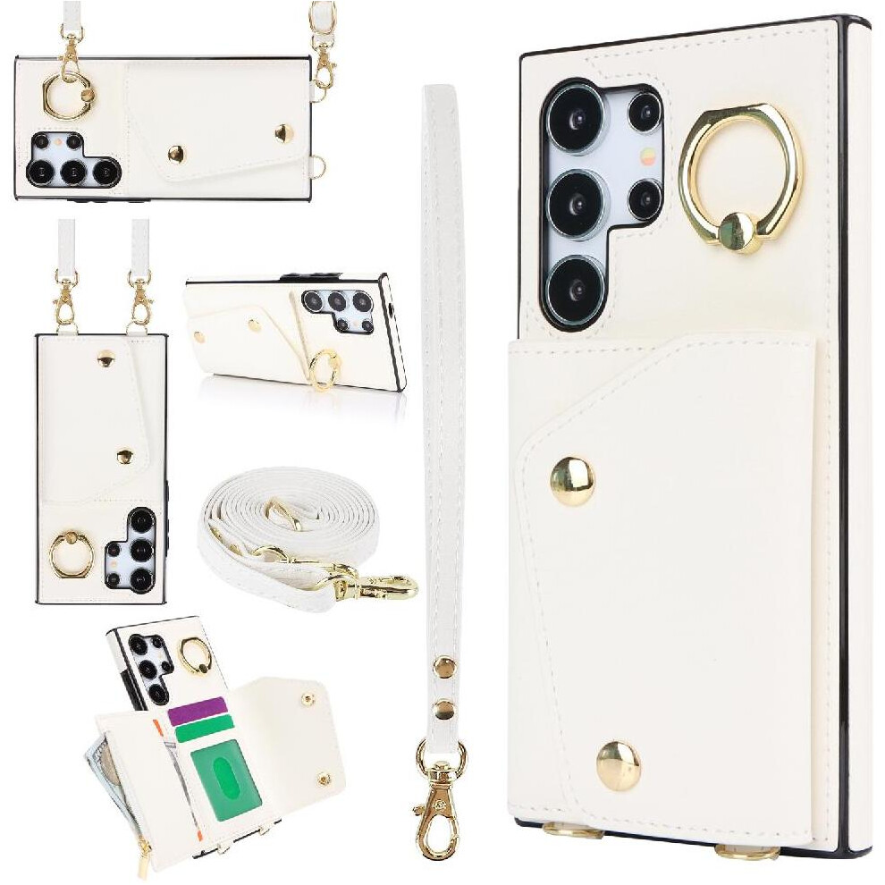 (White) Case For Samsung Galaxy S24 Ultra Long Strap Wristband Shockproof Card Slot Wallet White 764549302123