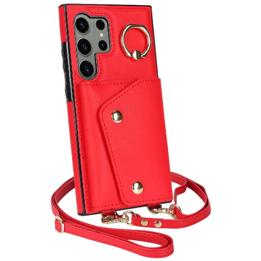 (Red) Case For Samsung Galaxy S24 Ultra Long Strap Wristband Shockproof Card Slot Wallet Red 764549302093