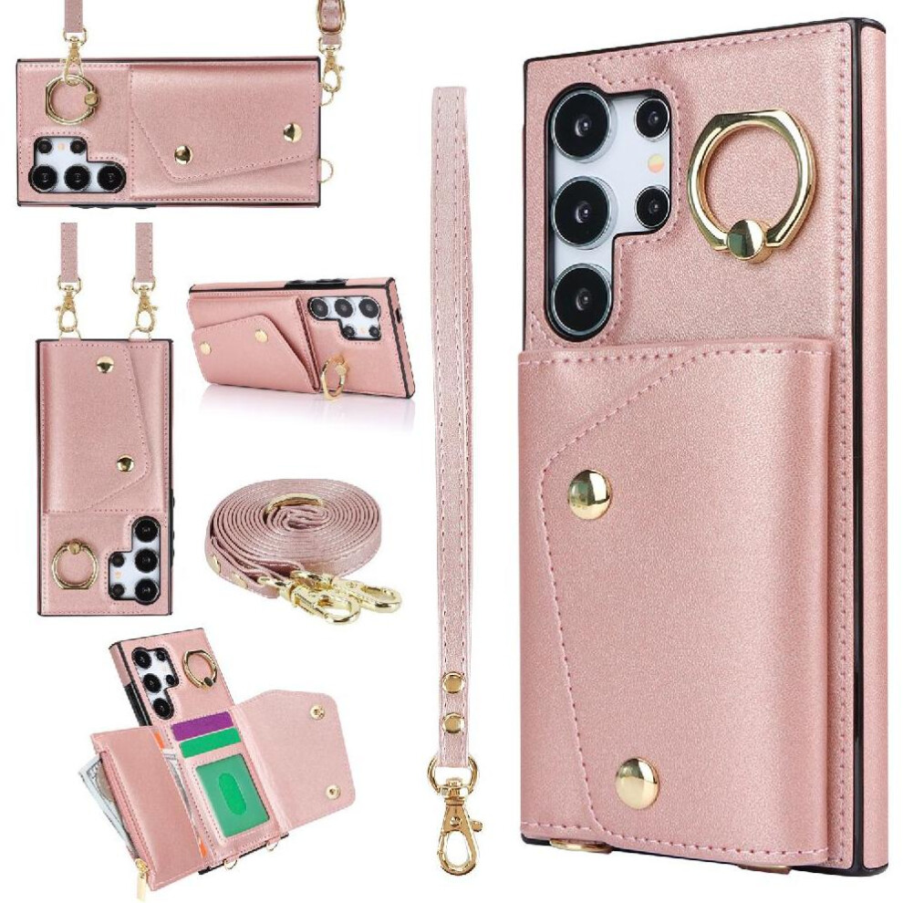(Pink) Case For Samsung Galaxy S24 Ultra Long Strap Wristband Shockproof Card Slot Wallet Pink 764549302109