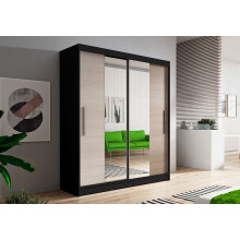 (Balck and Sonoma With Mirror) Wardrobe VISTA 01 Sliding Doors Rails Shelves Mirror 150cm