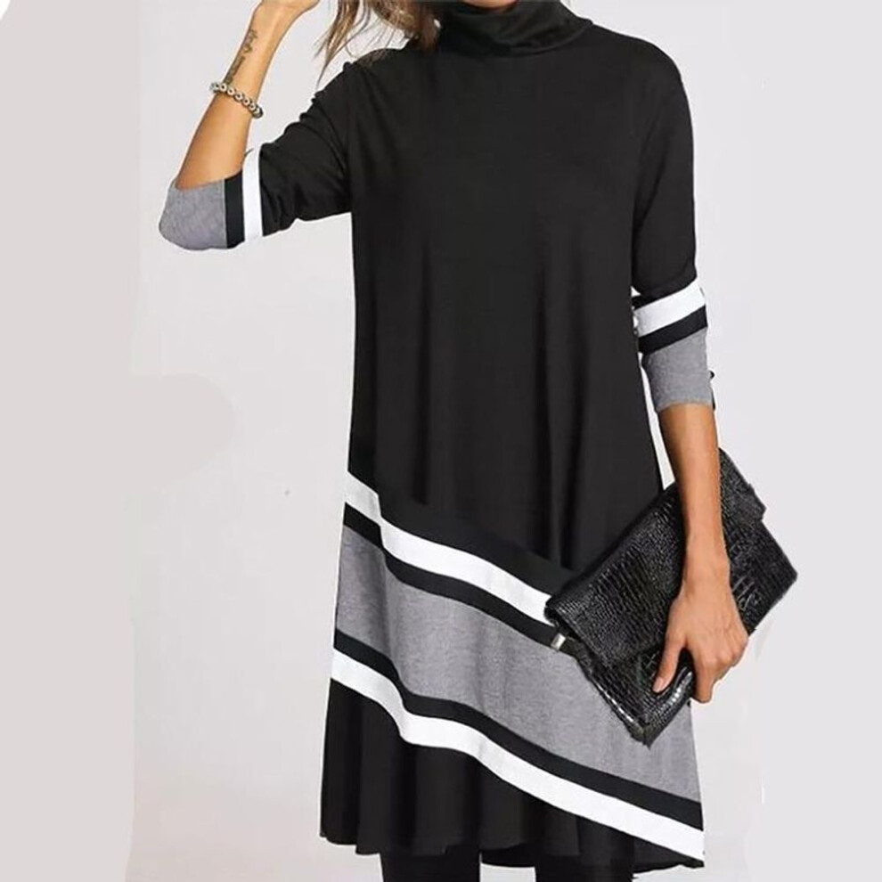 (as the picture, L) Winter Turtleneck Warm Vintage Print Women Elegant Long Sleeves Patchwork Dresses Female Casual Loose Vestidos