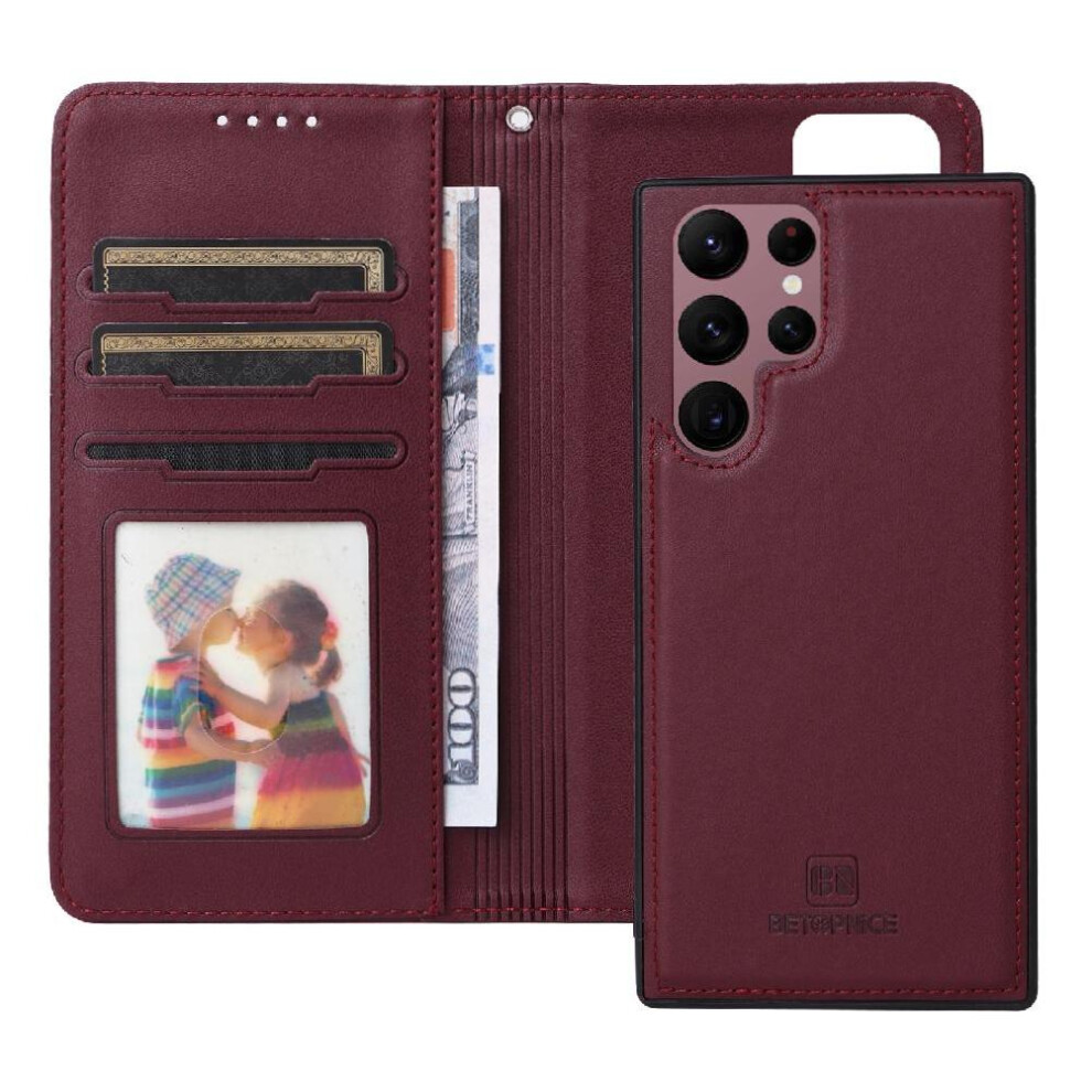 (Red) Flip Case For Samsung Galaxy S22 Ultra Wireless Charging Detachable Design Rfid Blocking Wallet Flip Cover Red 764549307784