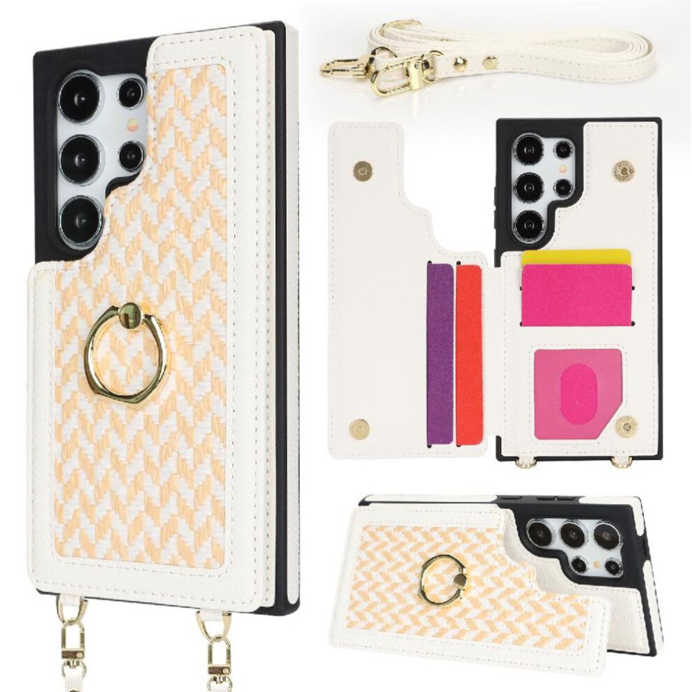 (White) Case For Samsung Galaxy S24 Ultra Ring Holder Crossbody Strap Wallet Rfid Blocking White 764549308378