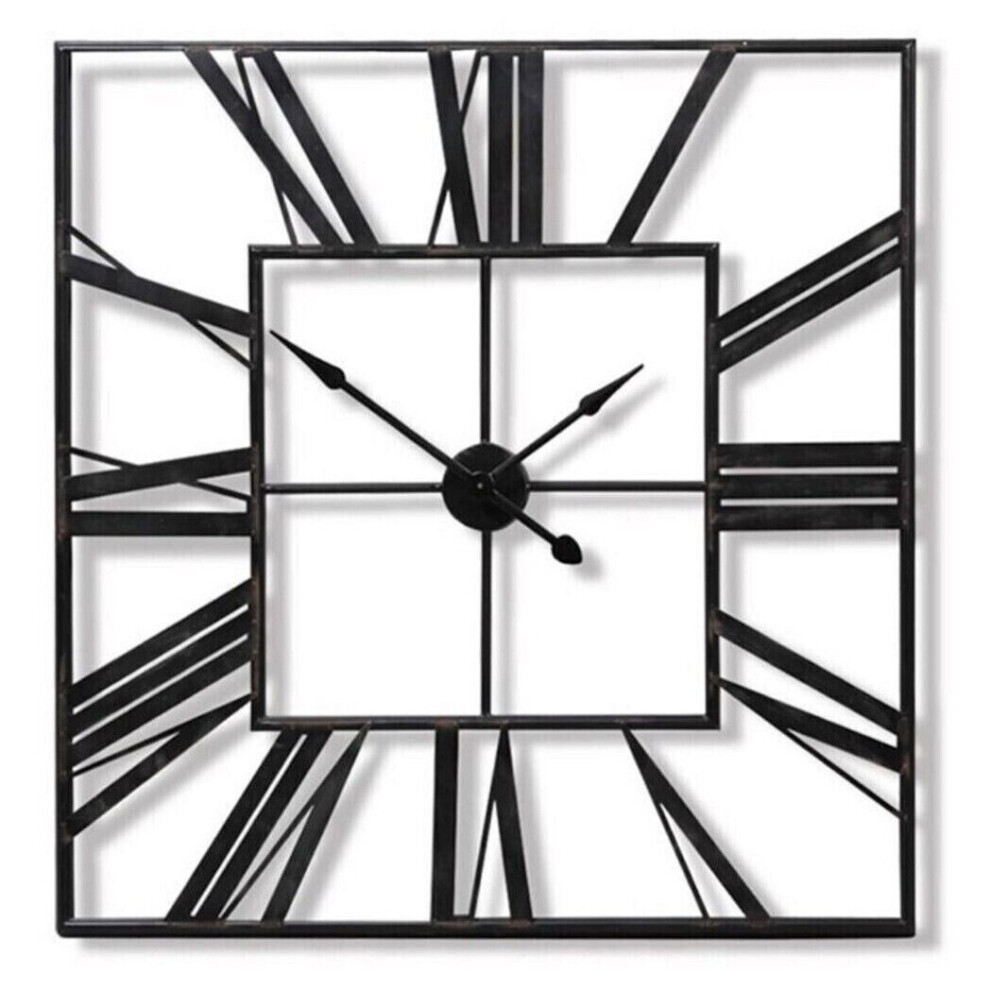 Wall Clock Large Square Shape Metal Skeleton Roman Numeral Black 60CM