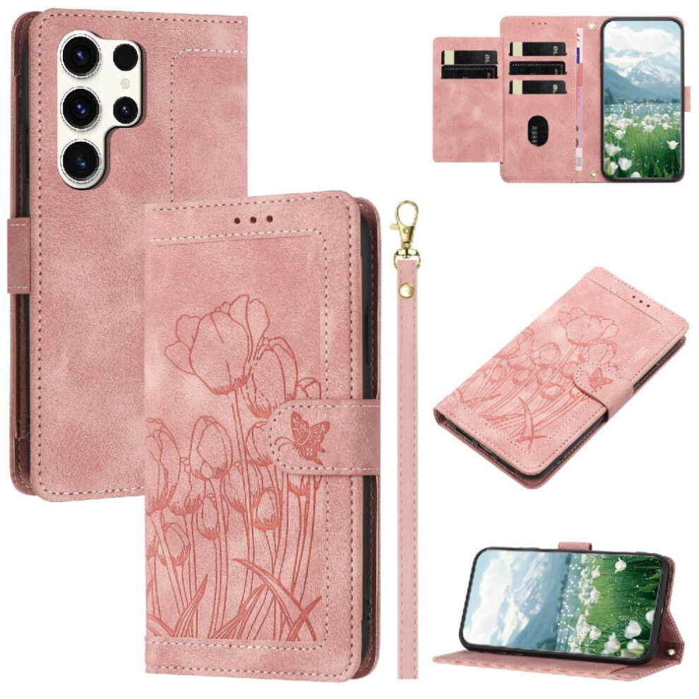 (Pink) Fashion Wallet Case For Samsung Galaxy S25 Ultra Pu Leather Crossbody And Wrist Strap Tulip Embossed Flip Case Magnetic Closure Kickstand Pink 764549308996