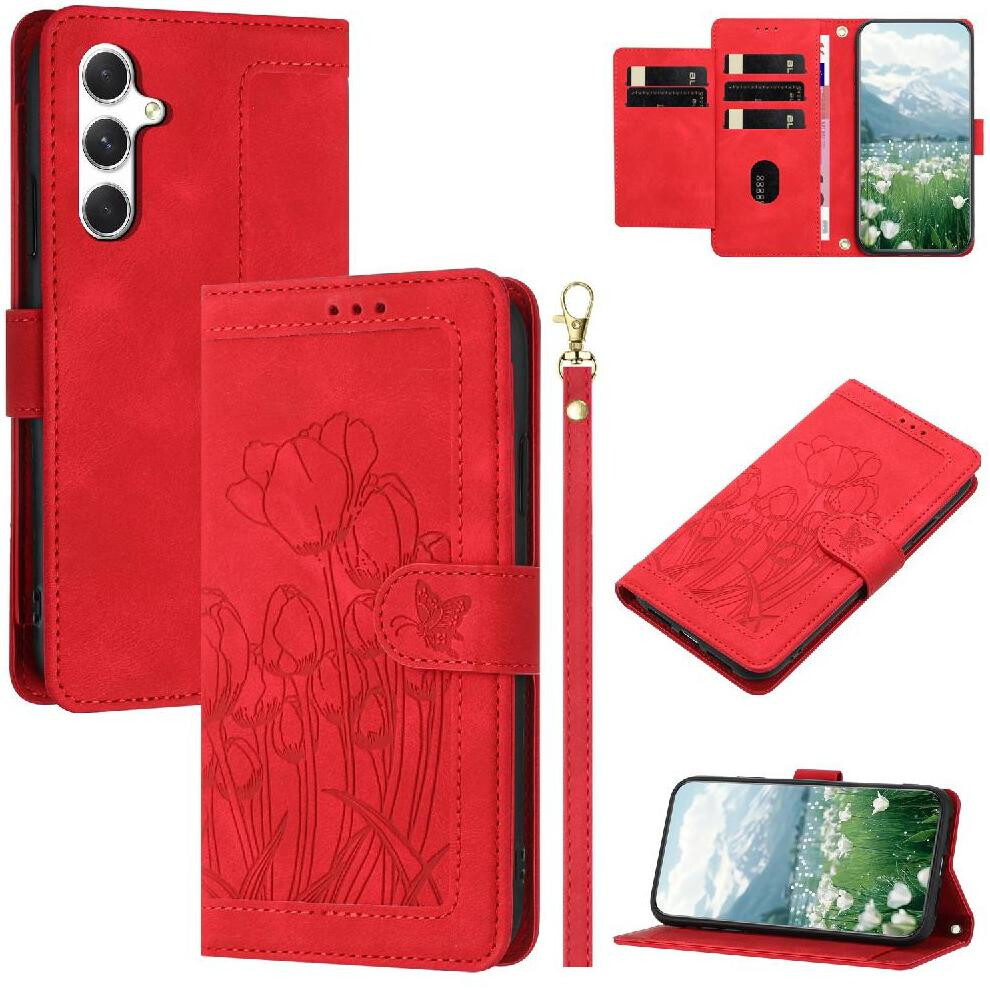 (Red) Fashion Wallet Case For Samsung Galaxy S25 Kickstand Crossbody And Wrist Strap Pu Leather Tulip Embossed Flip Case Magnetic Closure Red 764549309085