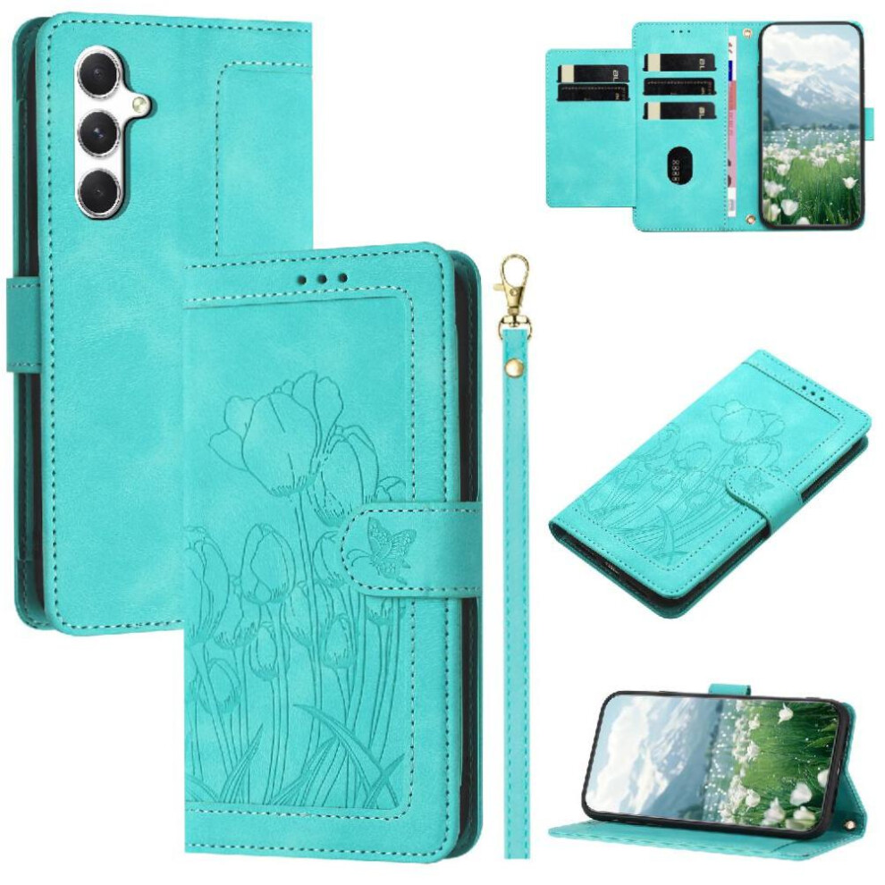 (Green) Fashion Wallet Case For Samsung Galaxy A24 4G Pu Leather Magnetic Closure Crossbody And Wrist Strap Kickstand Tulip Embossed Flip Case Green 764549309504