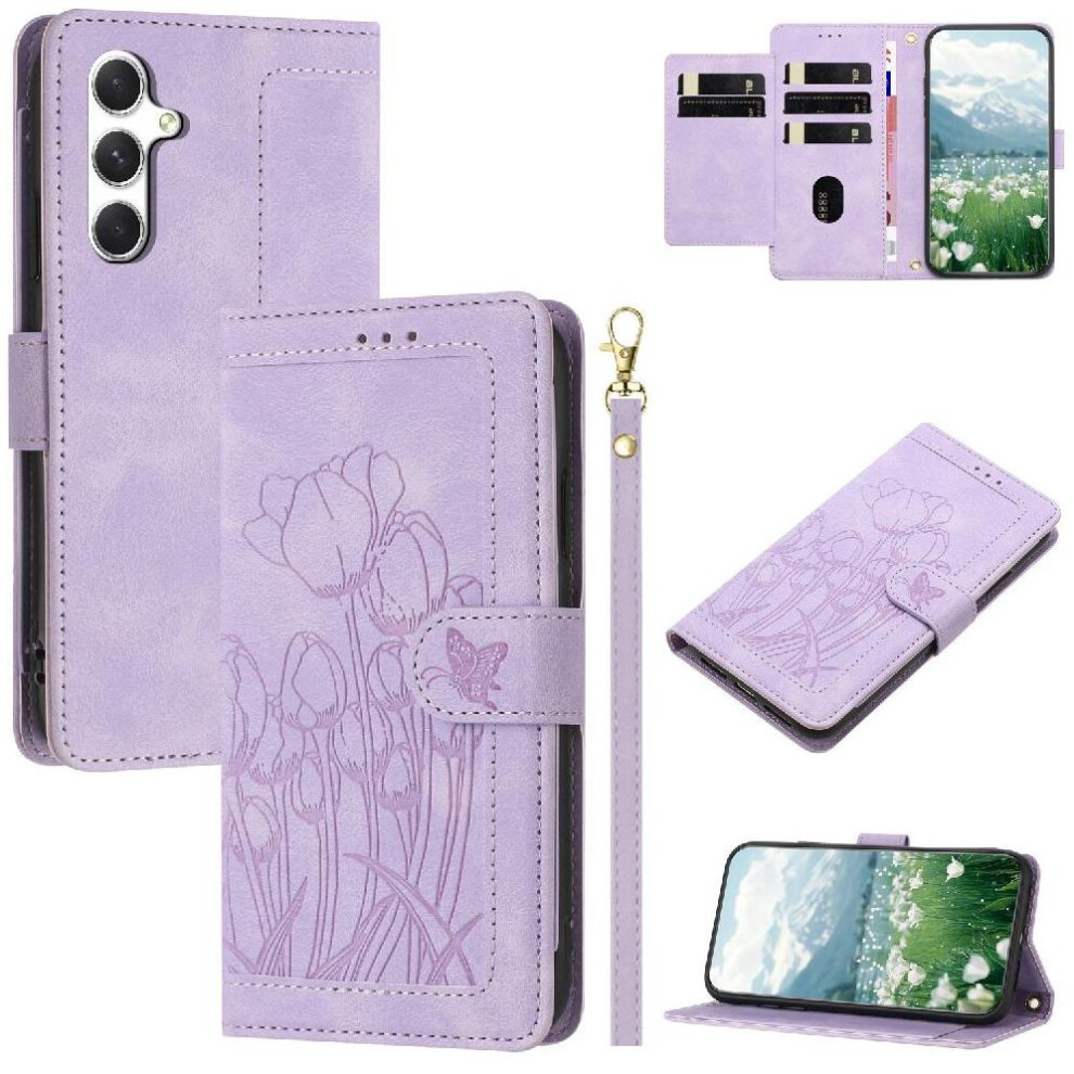 ( Violet) Fashion Wallet Case For Samsung Galaxy A25 Magnetic Closure Pu Leather Tulip Embossed Flip Case Kickstand Crossbody And Wrist Strap Light 764549309573