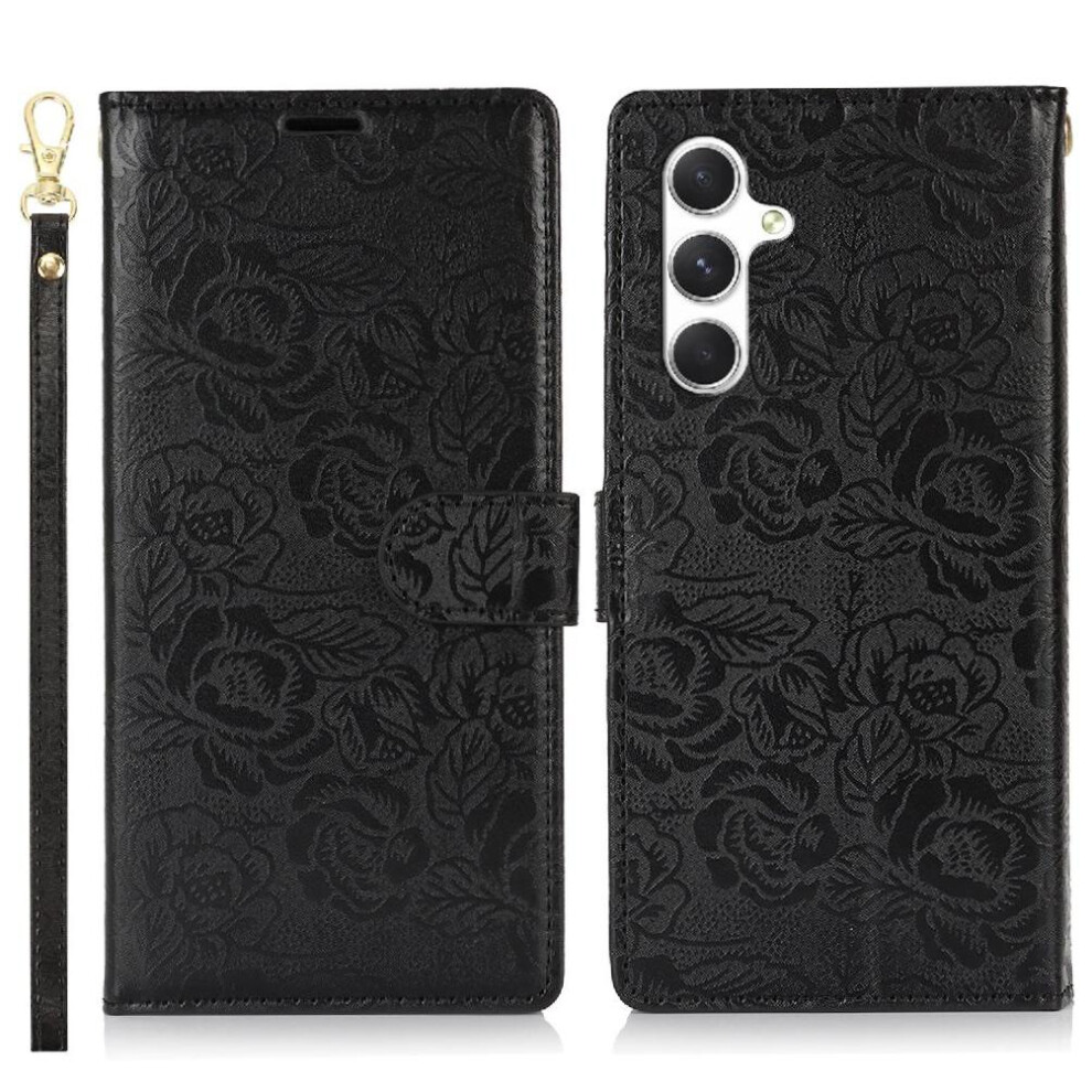 (Black) Flip Case For Samsung Galaxy A24 4G Wrist Lanyard Magnetic Closure Soft Tpu Wallet Black 764549310838