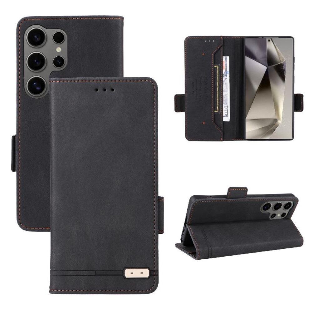 (Black) Flip Case For Samsung Galaxy S25 Ultra 5G With Buckle Magnetic Wallet Kickstand Cover Card Holder Black 764549311712