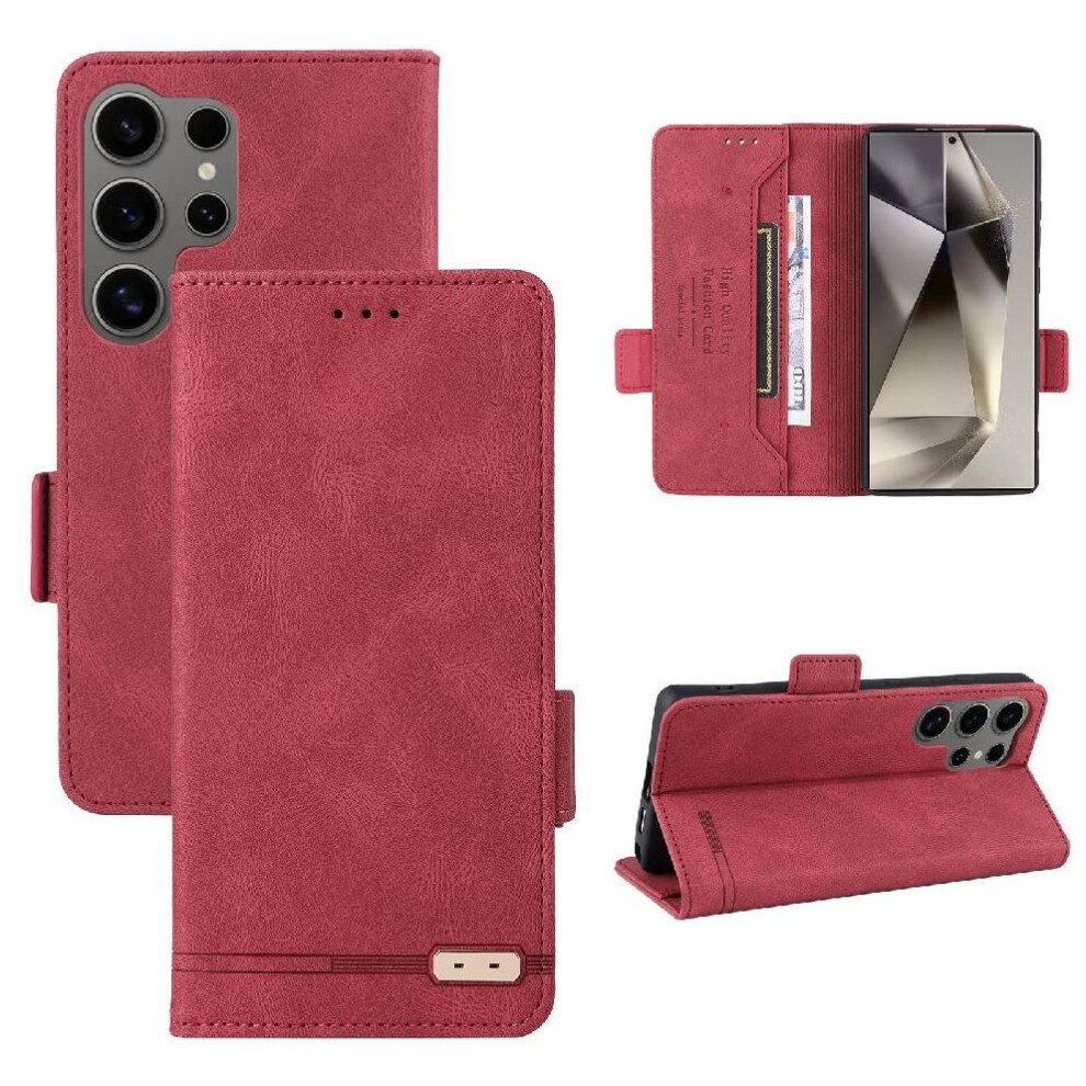 (Red) Flip Case For Samsung Galaxy S25 Ultra 5G With Buckle Magnetic Wallet Kickstand Cover Card Holder Red 764549311736