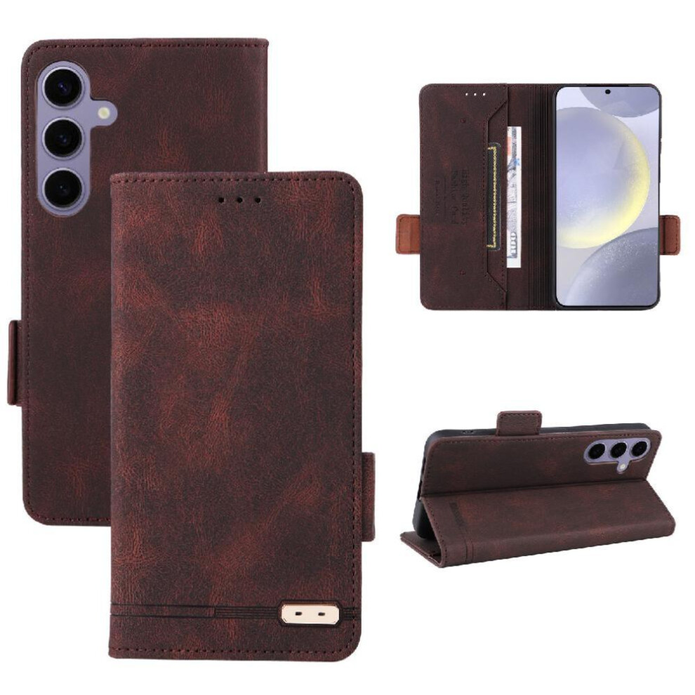 (Brown) Flip Case For Samsung Galaxy S25 Plus Cover Card Holder With Buckle Kickstand Magnetic Wallet Brown 764549311859