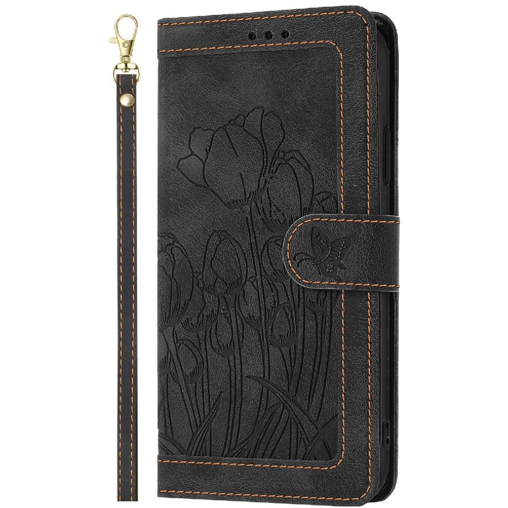 (Black) Wallet Case For Samsung Galaxy A24 4G Kickstand Magnetic Closure Tulip Embossed Flip Case Wrist Strap Pu Leather Black 764549311996