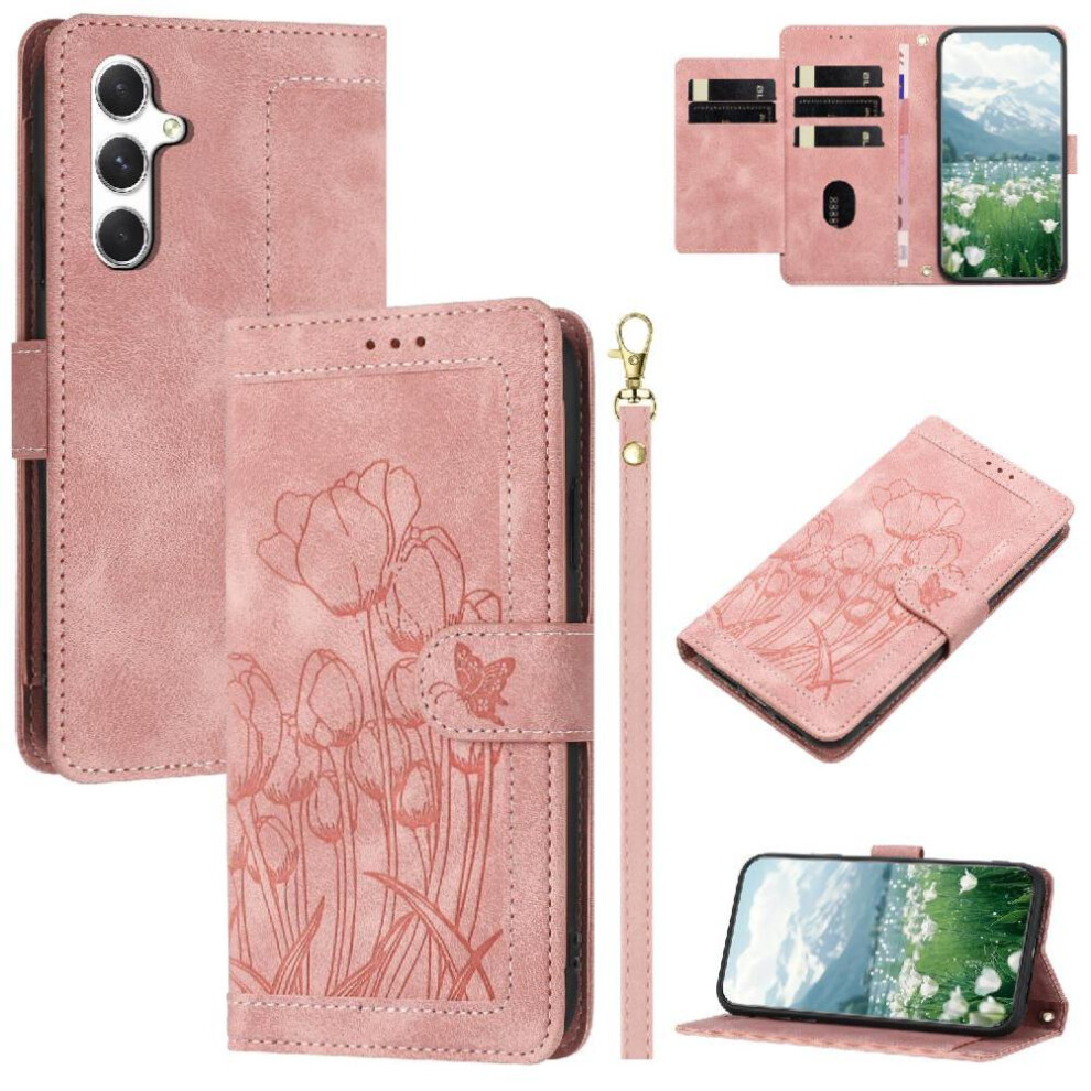 (Pink) Wallet Case For Samsung Galaxy A24 4G Kickstand Magnetic Closure Tulip Embossed Flip Case Wrist Strap Pu Leather Pink 764549311941