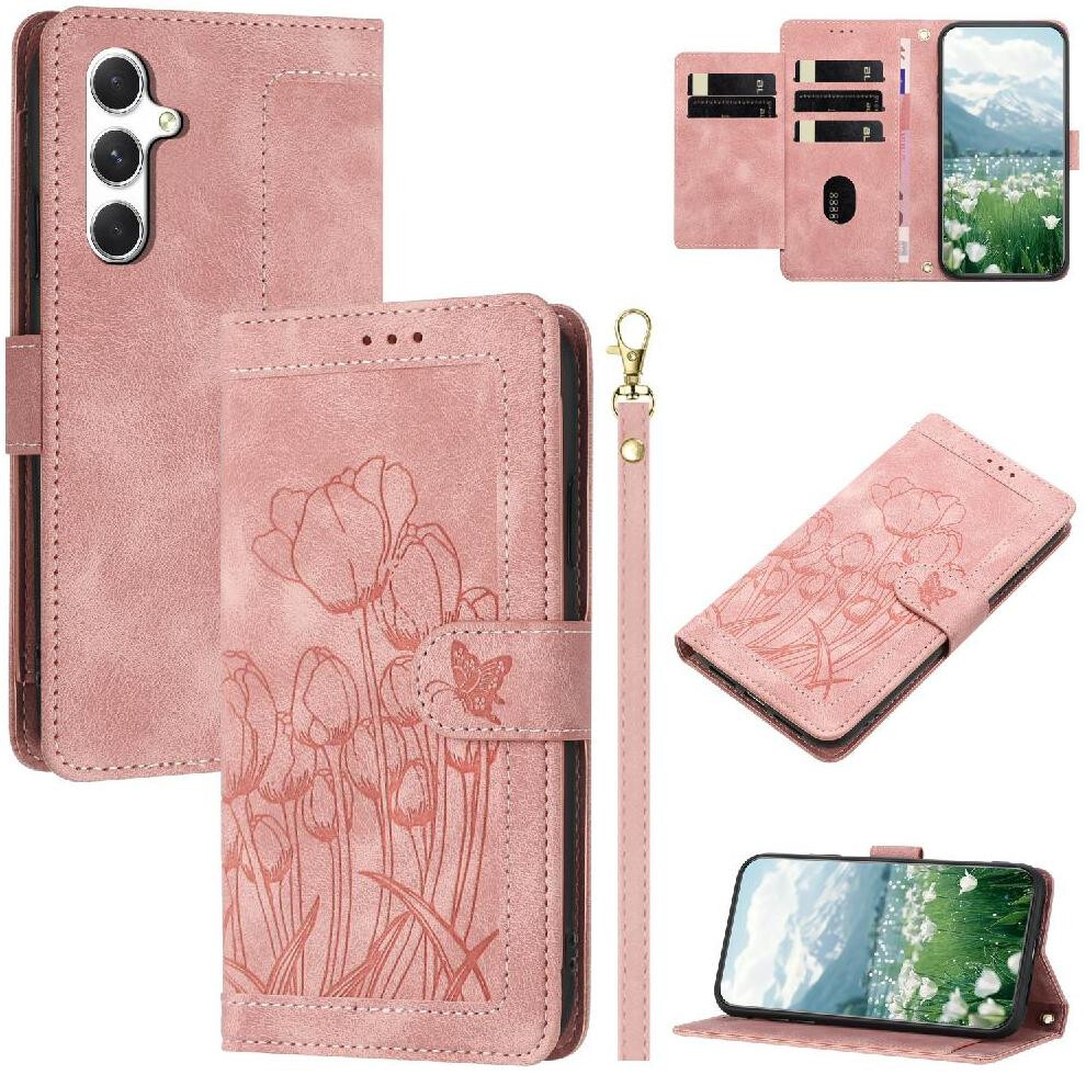 (Pink) Wallet Case For Samsung Galaxy A25 Magnetic Closure Pu Leather Tulip Embossed Flip Case Wrist Strap Kickstand Pink 764549312054
