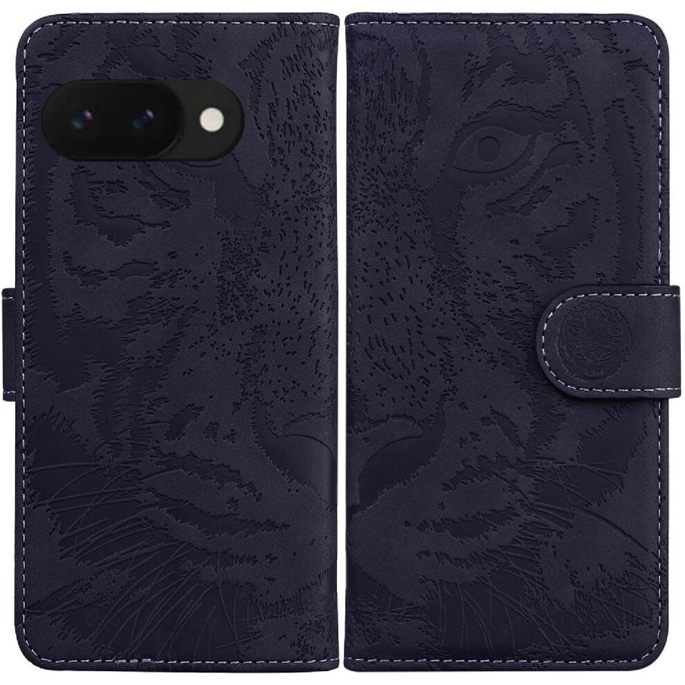 (Black) Flip Case For Google Pixel 9A Leather Wallet Kickstand Protective Embossed Cute Tiger Black 764549314072