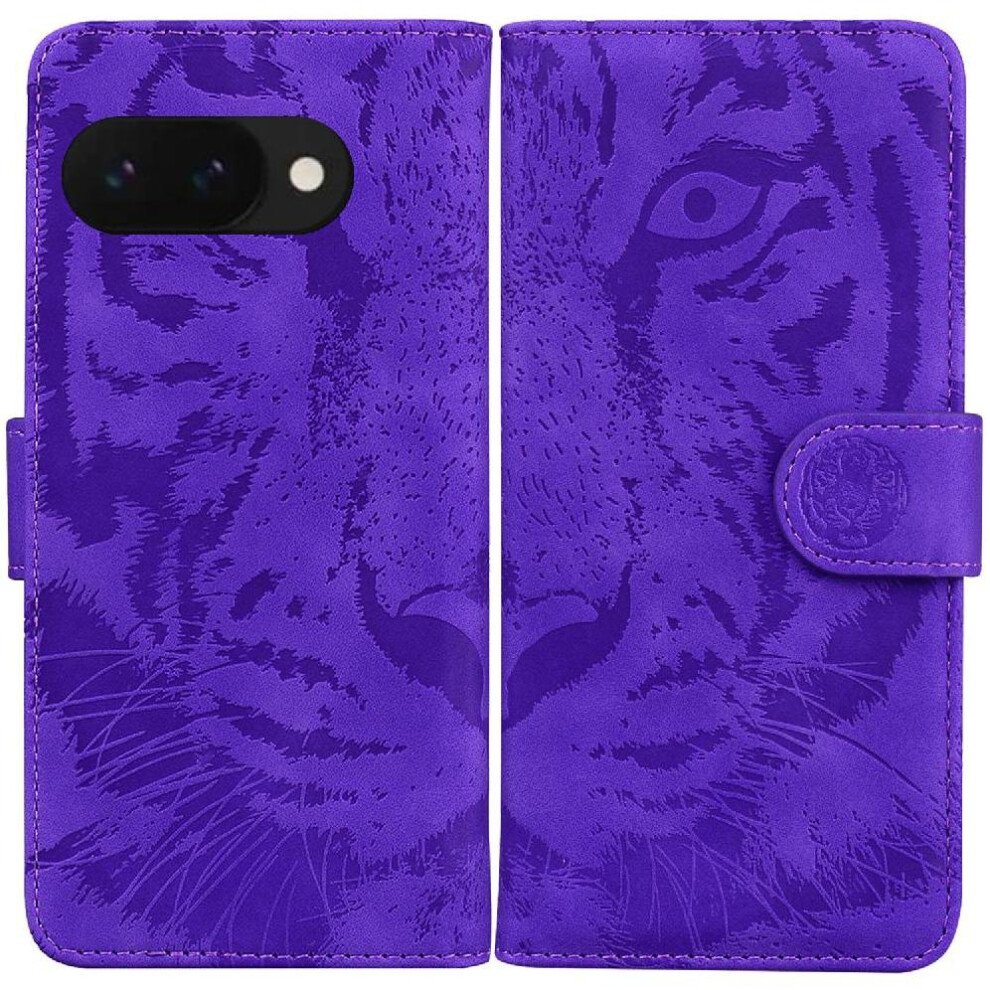 (Purple) Flip Case For Google Pixel 9A Leather Wallet Kickstand Protective Embossed Cute Tiger Purple 764549314102