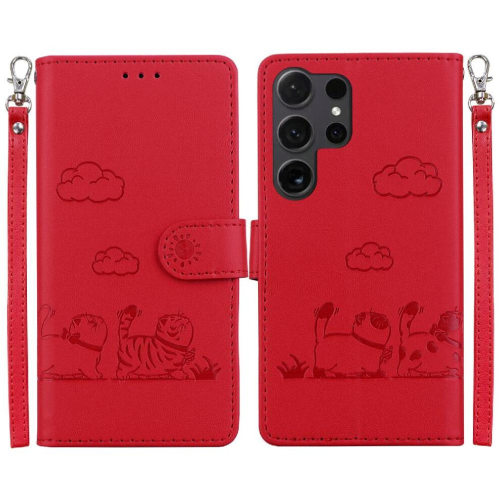 (Red) Flip Case For Samsung Galaxy S25 Ultra 5G Leather Wallet Card Slot Holder Kickstand Cat Rfid Red 764549314508