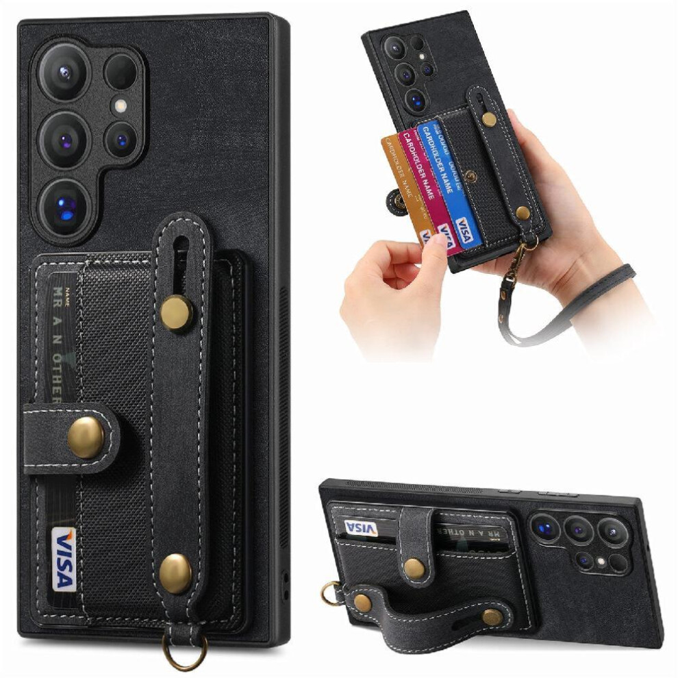 (Black) Case For Samsung Galaxy S24 Ultra Wristband Shockproof Wallet Strap Black 764549314997