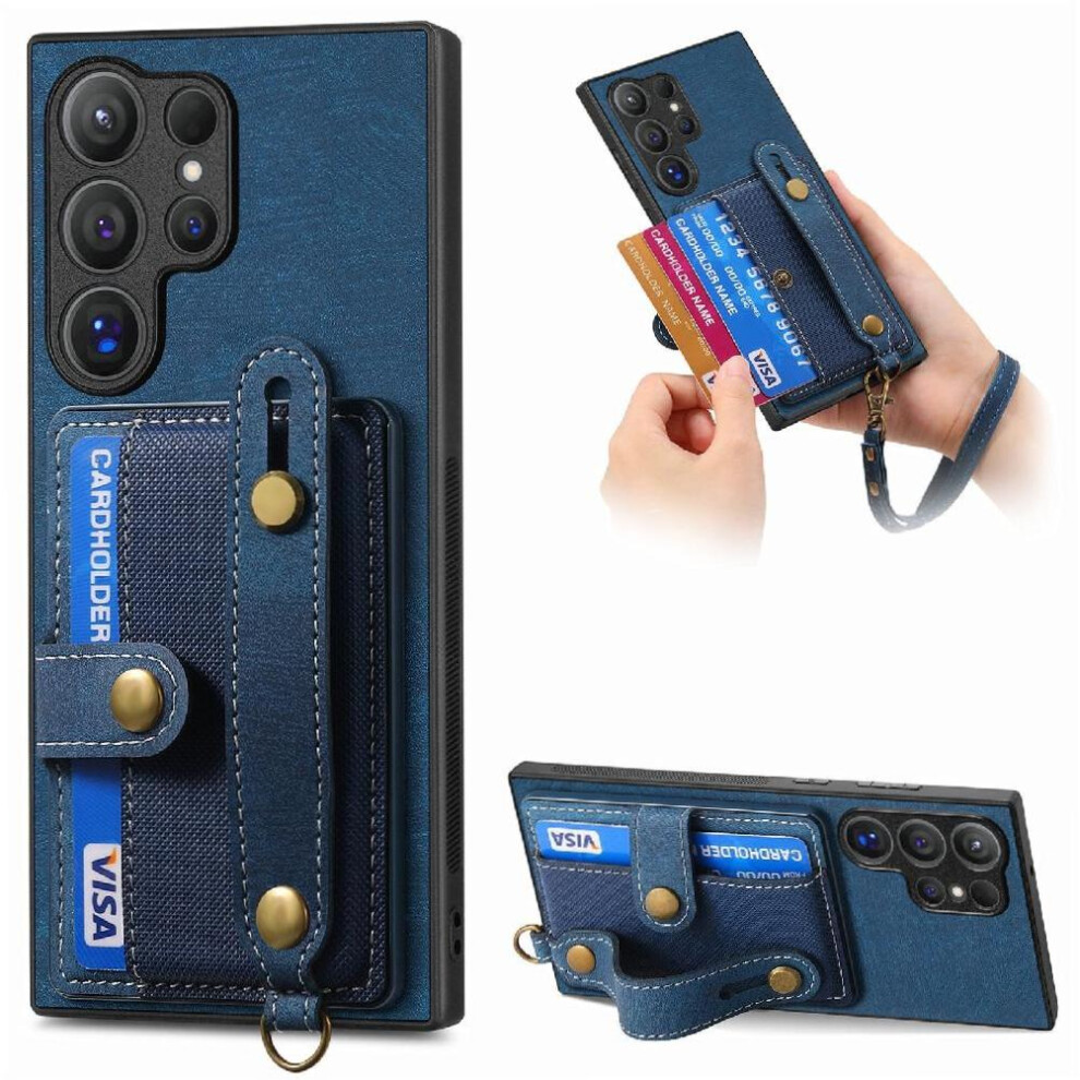 (Blue) Case For Samsung Galaxy S24 Ultra Wristband Shockproof Wallet Strap Blue 764549314980