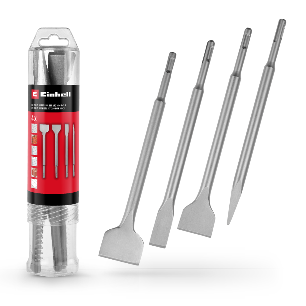Einhell 4x Chisel Bit Set 250mm For SDS+ Rotary Hammers Flat Spade Tile Steel