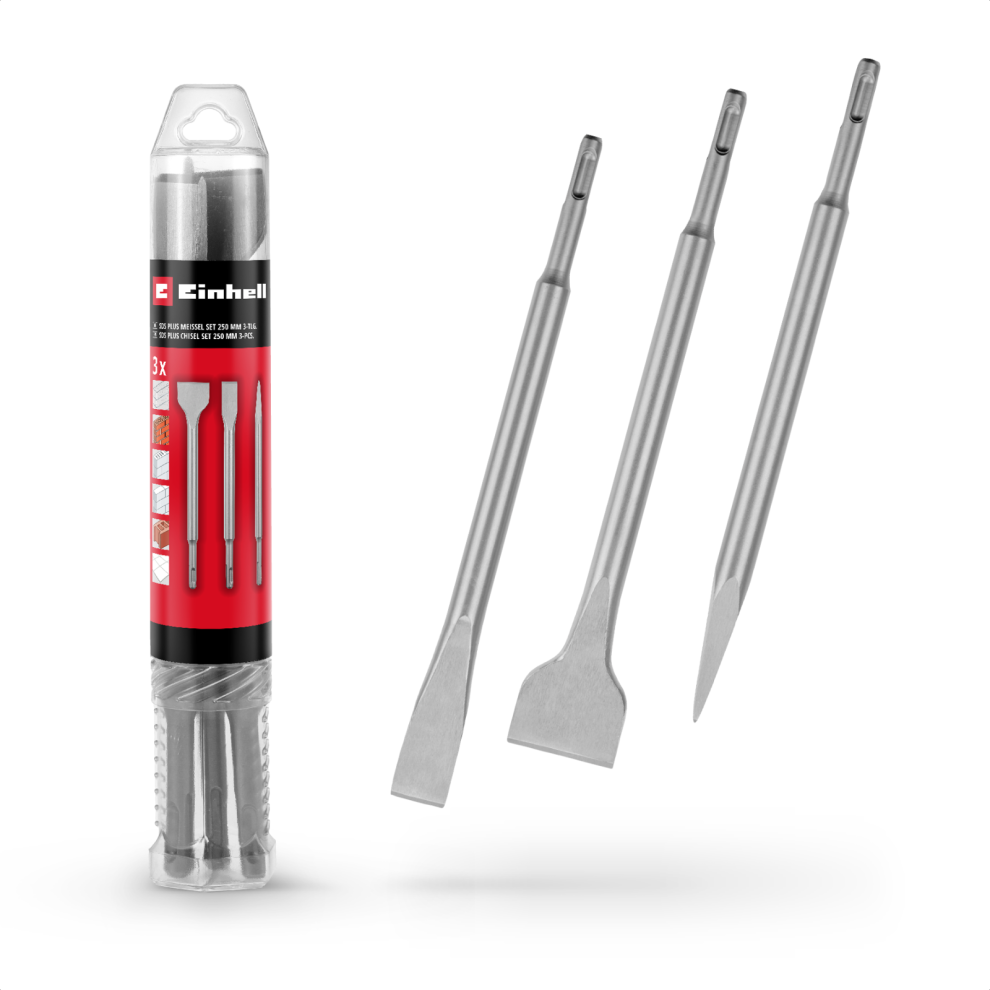 Einhell 3x Chisel Bit Set 250mm For SDS+ Rotary Hammers Steel Flat Spade