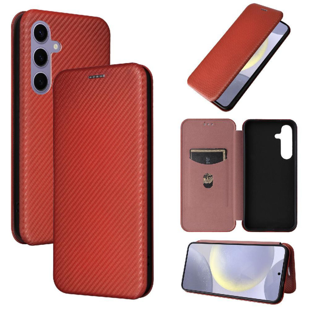 (Brown) Flip Case For Samsung Galaxy S25 Plus Leather Folio Flip Case Full Protection Magnetic Carbon Fiber With Card Holder Kickstand Card Insertion Brown 764549317721
